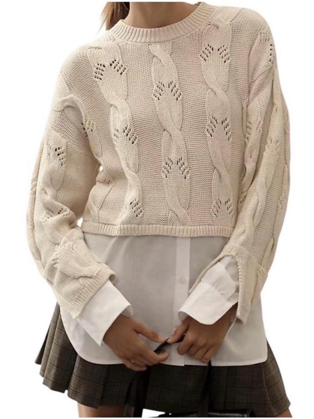 Women's Pilcro Anthropologie Cream Cable Knit Cropped Sweater